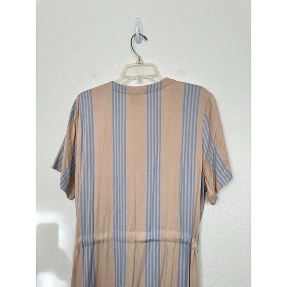 ICHI Striped Tunic Dress Button Down Waist Tie Tan Blue Beach Resort Women's XL - Picture 9 of 9